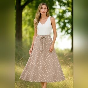 Shein long Skirt With White Polka Dots Bow  Tan Maxi Modest Lightweight Flowy